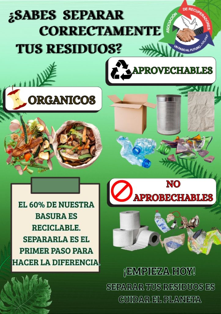 "¿Sabes cómo reciclar bien?" ♻️🌍 ¡Reciclar bien sí importa! 🌍♻️ En Bogotá generamos más de 6.500 toneladas de basura cada día y el relleno sanitario ya está al límite 😥. Desde ARUPAF, te invitamos a ser parte del cambio. 🌱 📄 Mira este flyer práctico y aprende cómo separar correctamente tus residuos reciclables desde casa, la oficina o tu conjunto residencial. ✅ Papel, cartón, plástico, vidrio y metales ❌ No mezcles residuos orgánicos ni sucios 📦 ¡Límpialos, aplástalos y apórtalos! 🔽 Descárgalo, compártelo y démosle un respiro al planeta 💚